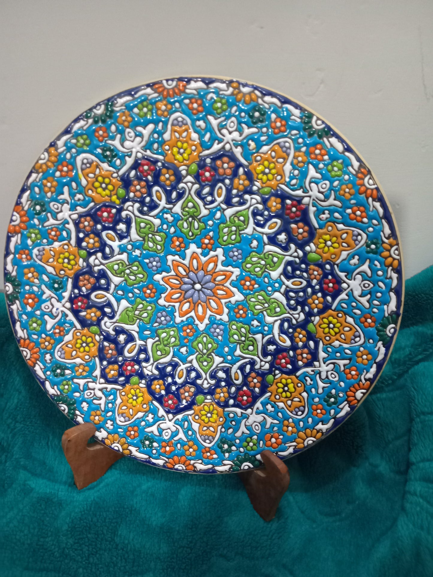 Hand-Painted Decorative Ceramic Plate – Multicolor Mandala Design (with Wooden Stand)