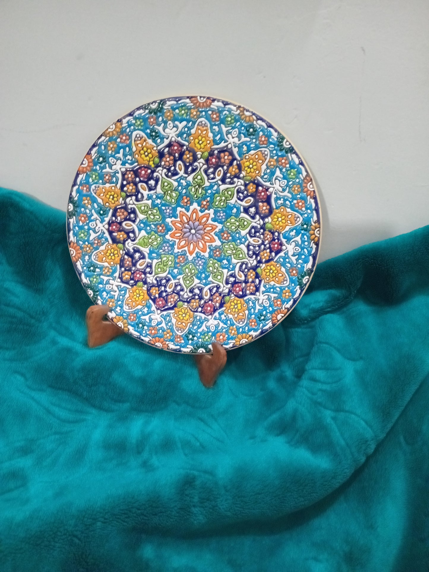 Hand-Painted Decorative Ceramic Plate – Multicolor Mandala Design (with Wooden Stand)