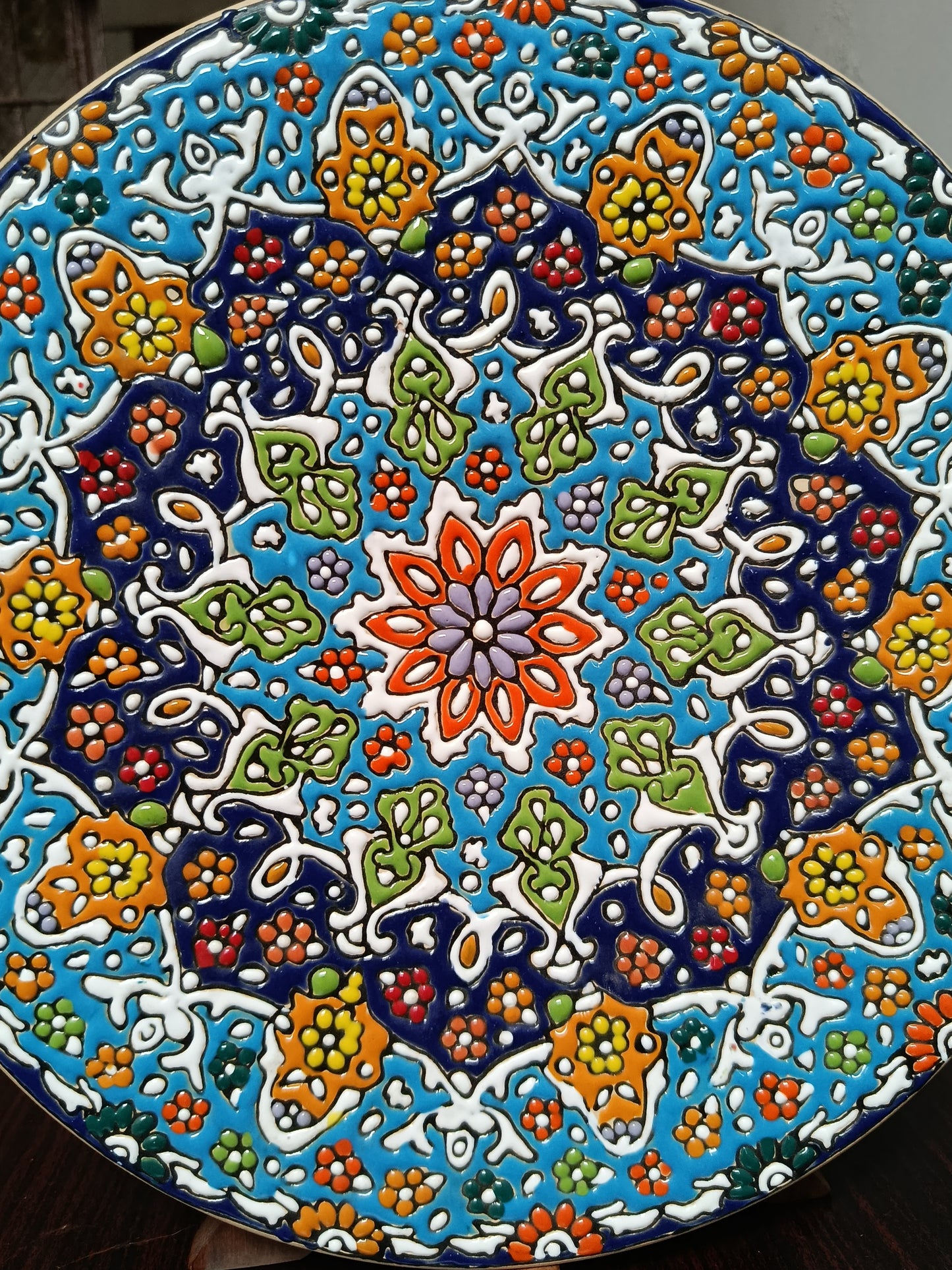 Hand-Painted Decorative Ceramic Plate – Multicolor Mandala Design (with Wooden Stand)