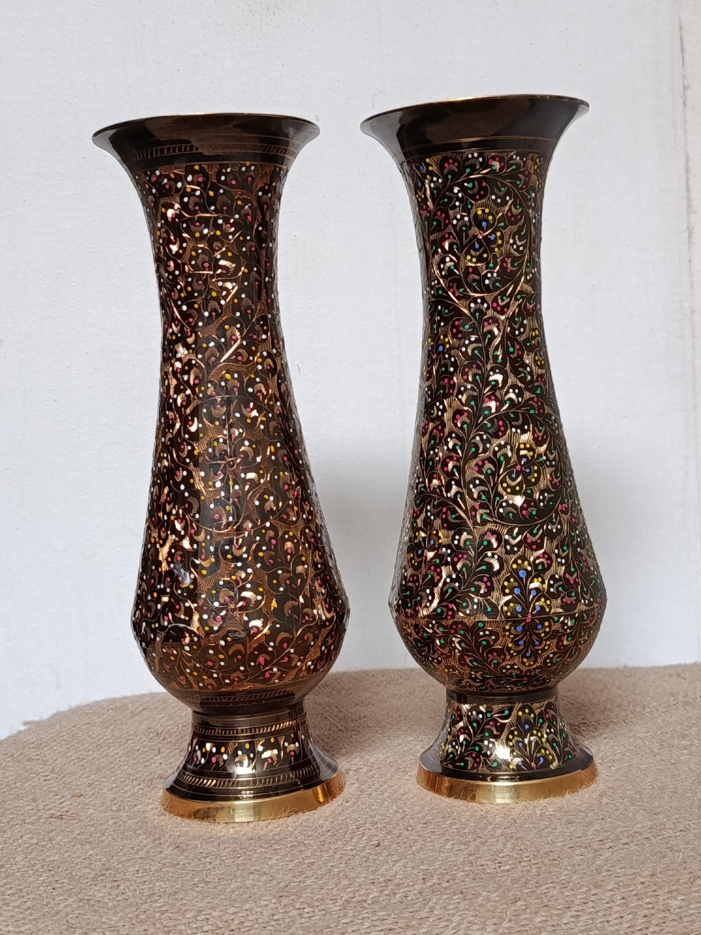 Handcrafted Brass Flower Vases with Intricate Enamel Inlay – Set of 2
