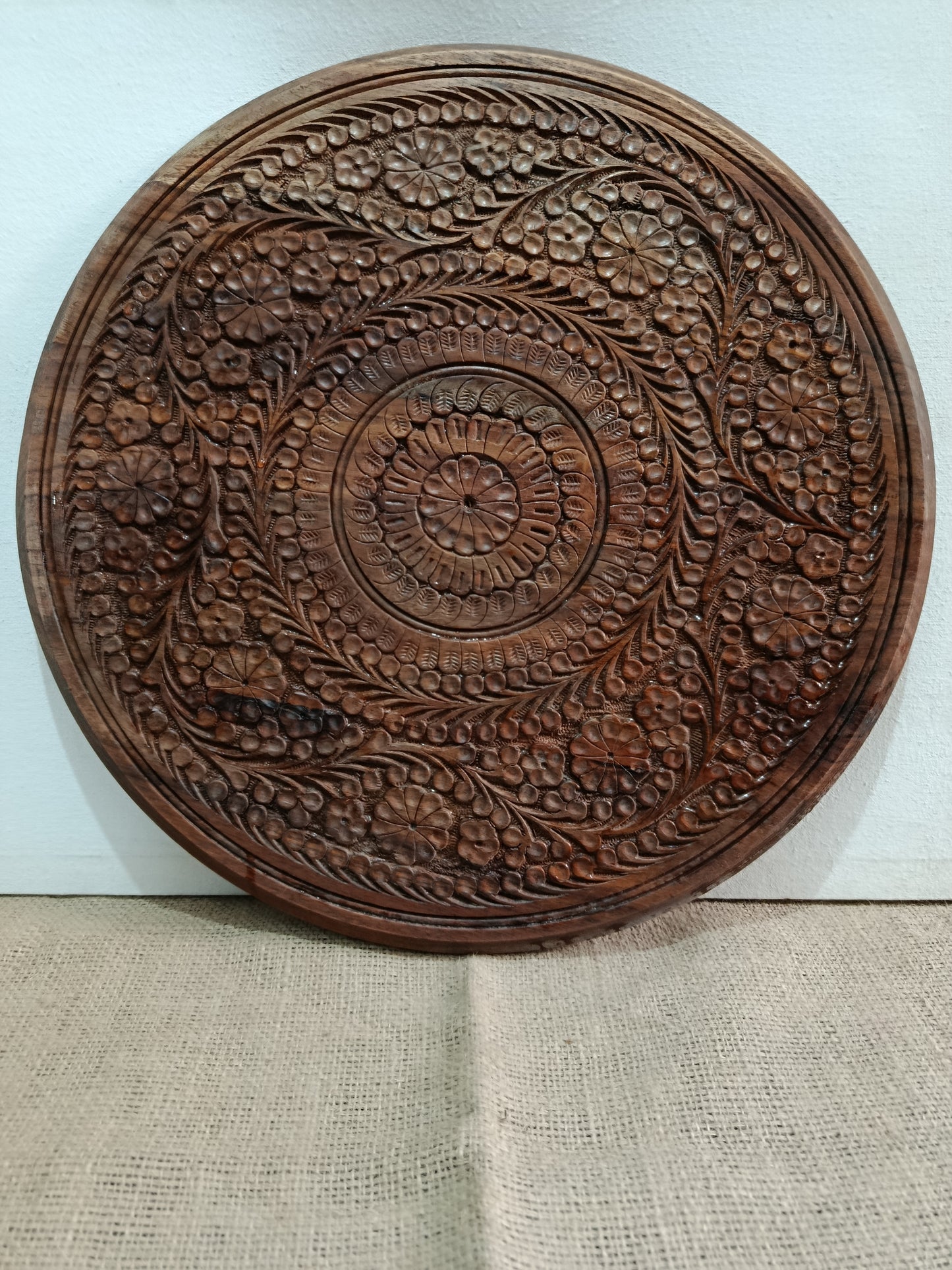Handcrafted Carved Wooden Side Table – Floral Mandala Design