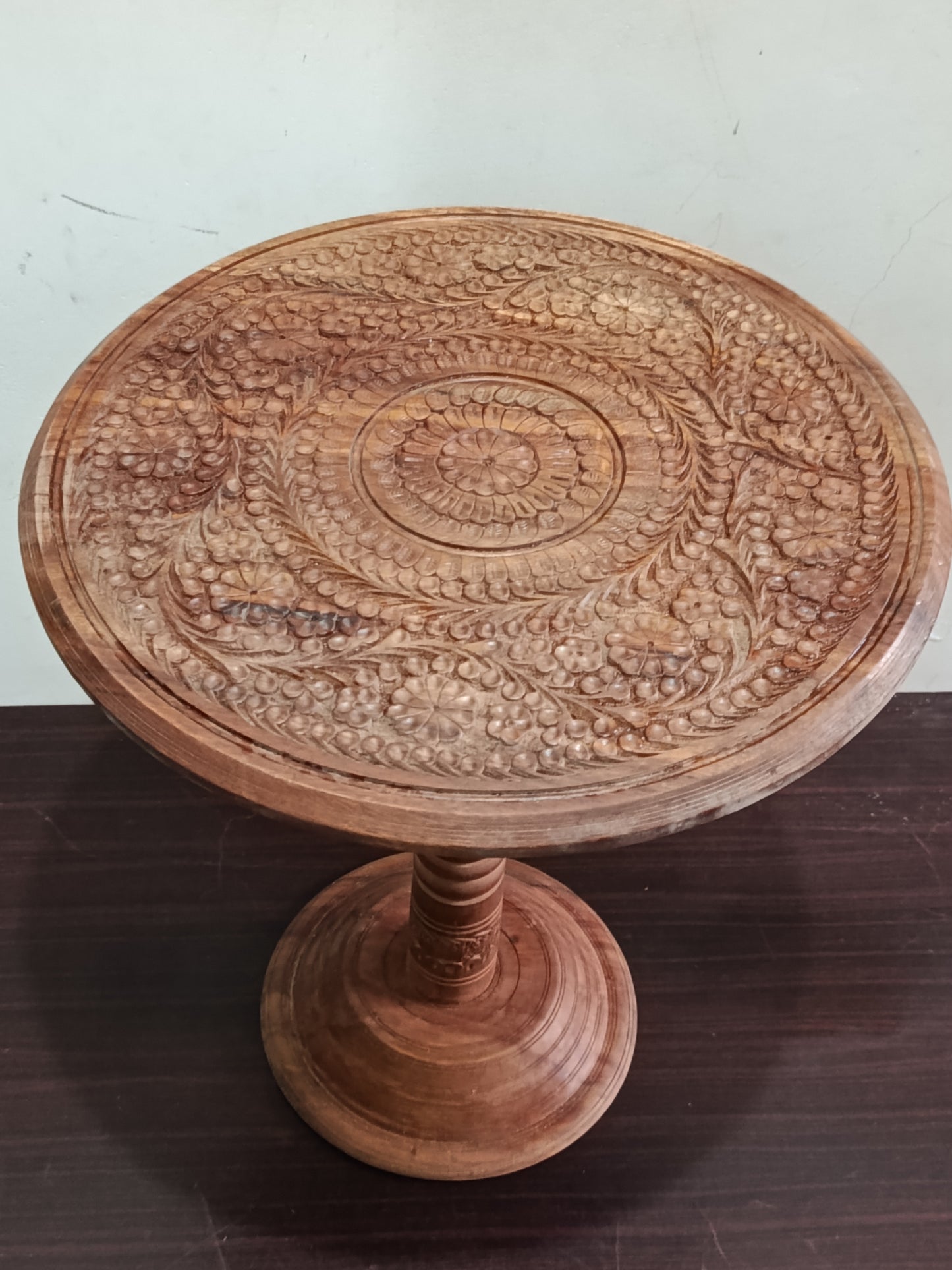 Handcrafted Carved Wooden Side Table – Floral Mandala Design