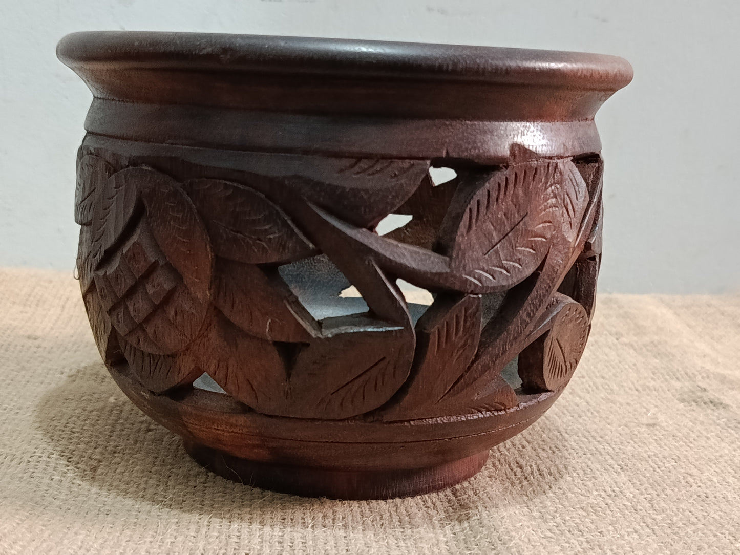 Hand-Carved Wooden Decorative Bowl with Leaf Motif