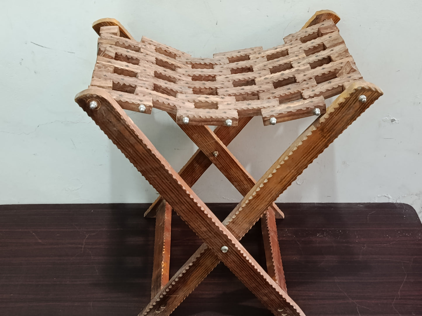 Handcrafted Wooden Folding Stool – Traditional Woven Seat