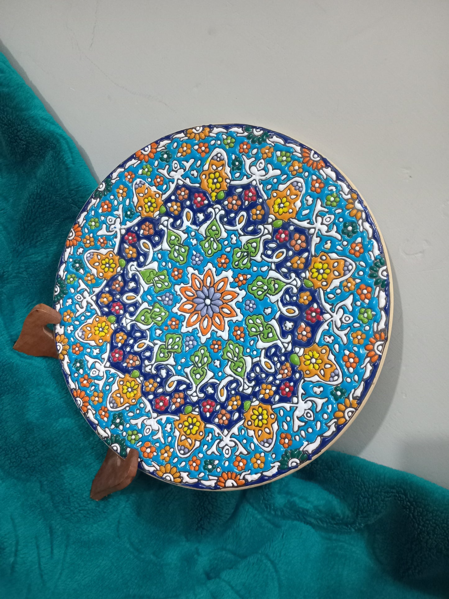 Hand-Painted Decorative Ceramic Plate – Multicolor Mandala Design (with Wooden Stand)