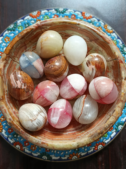 Handcrafted Onyx Marble Decorative Eggs in Matching Stone Bowl – Set of 12