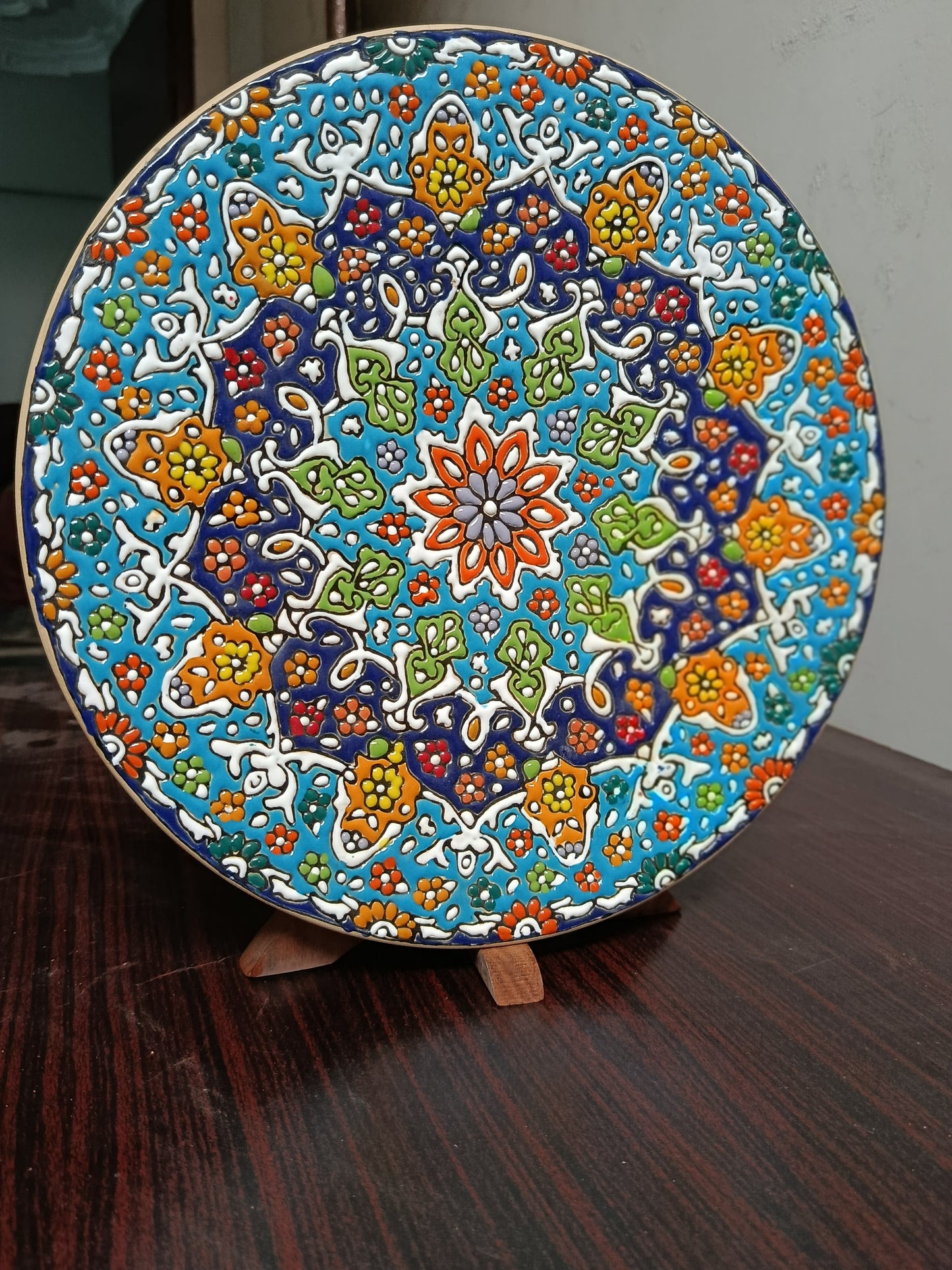Hand-Painted Decorative Ceramic Plate – Multicolor Mandala Design (with Wooden Stand)