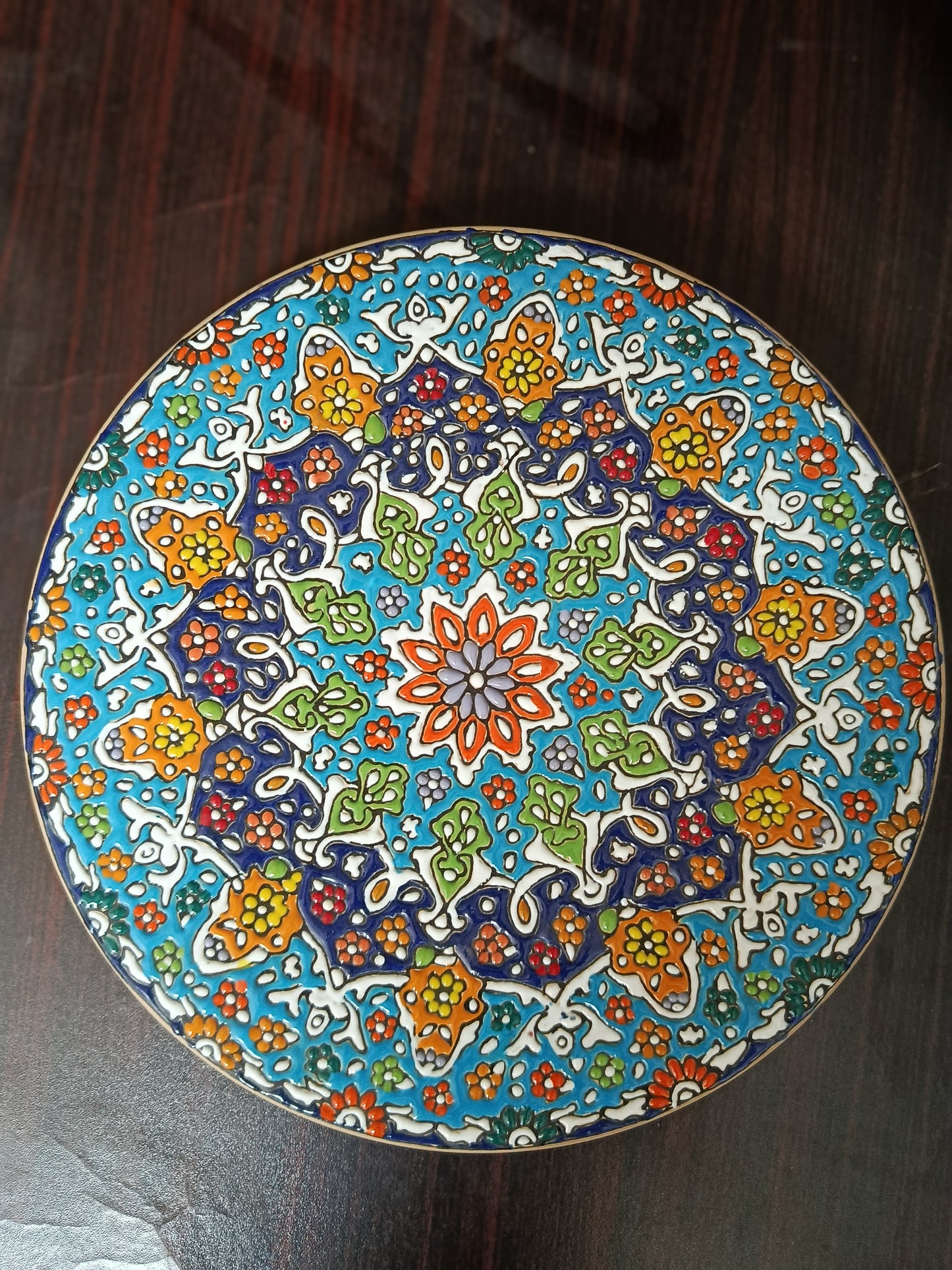 Hand-Painted Decorative Ceramic Plate – Multicolor Mandala Design (with Wooden Stand)
