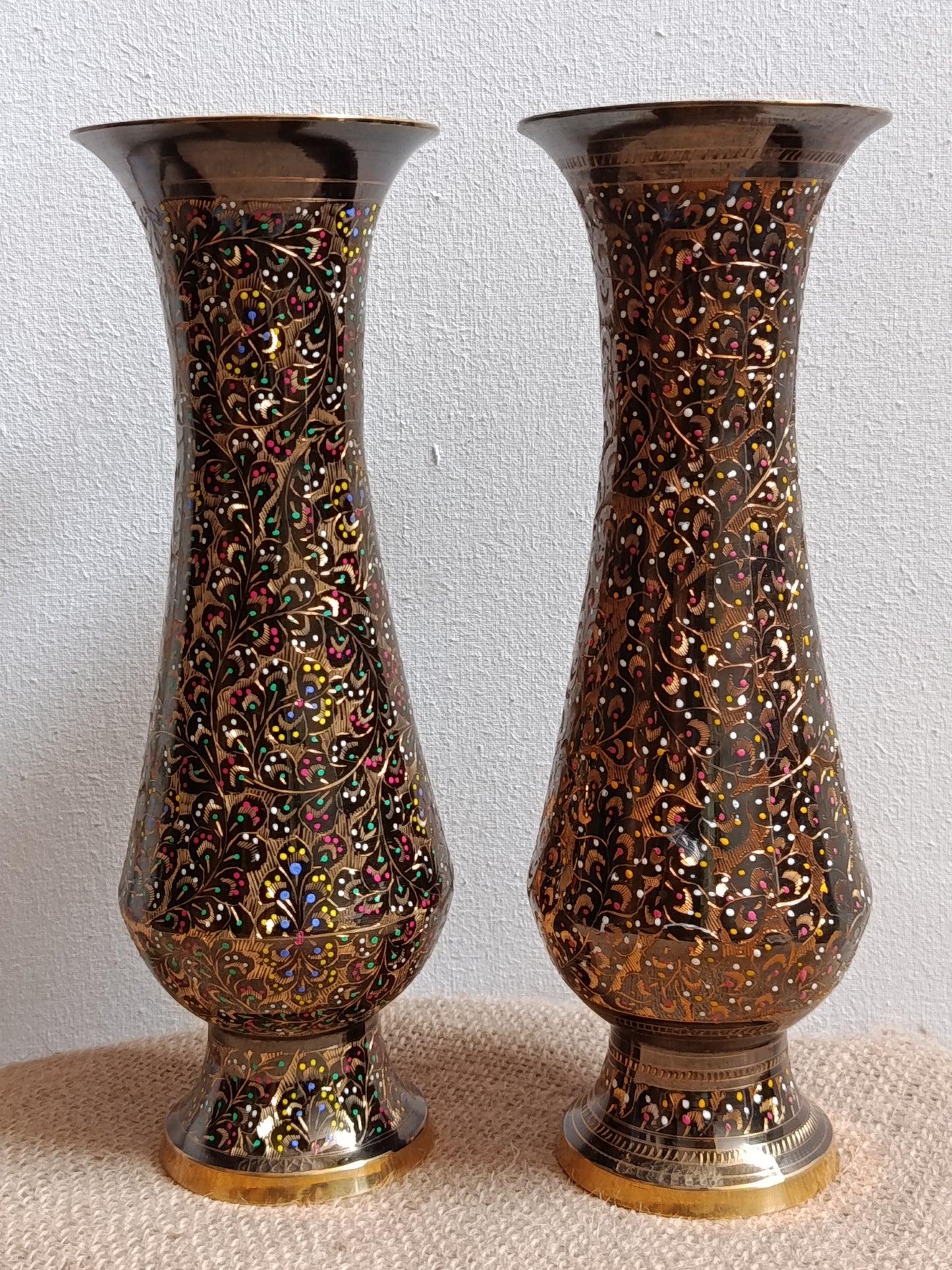 Handcrafted Brass Flower Vases with Intricate Enamel Inlay – Set of 2