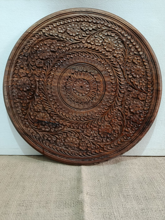 Handcrafted Carved Wooden Side Table – Floral Mandala Design