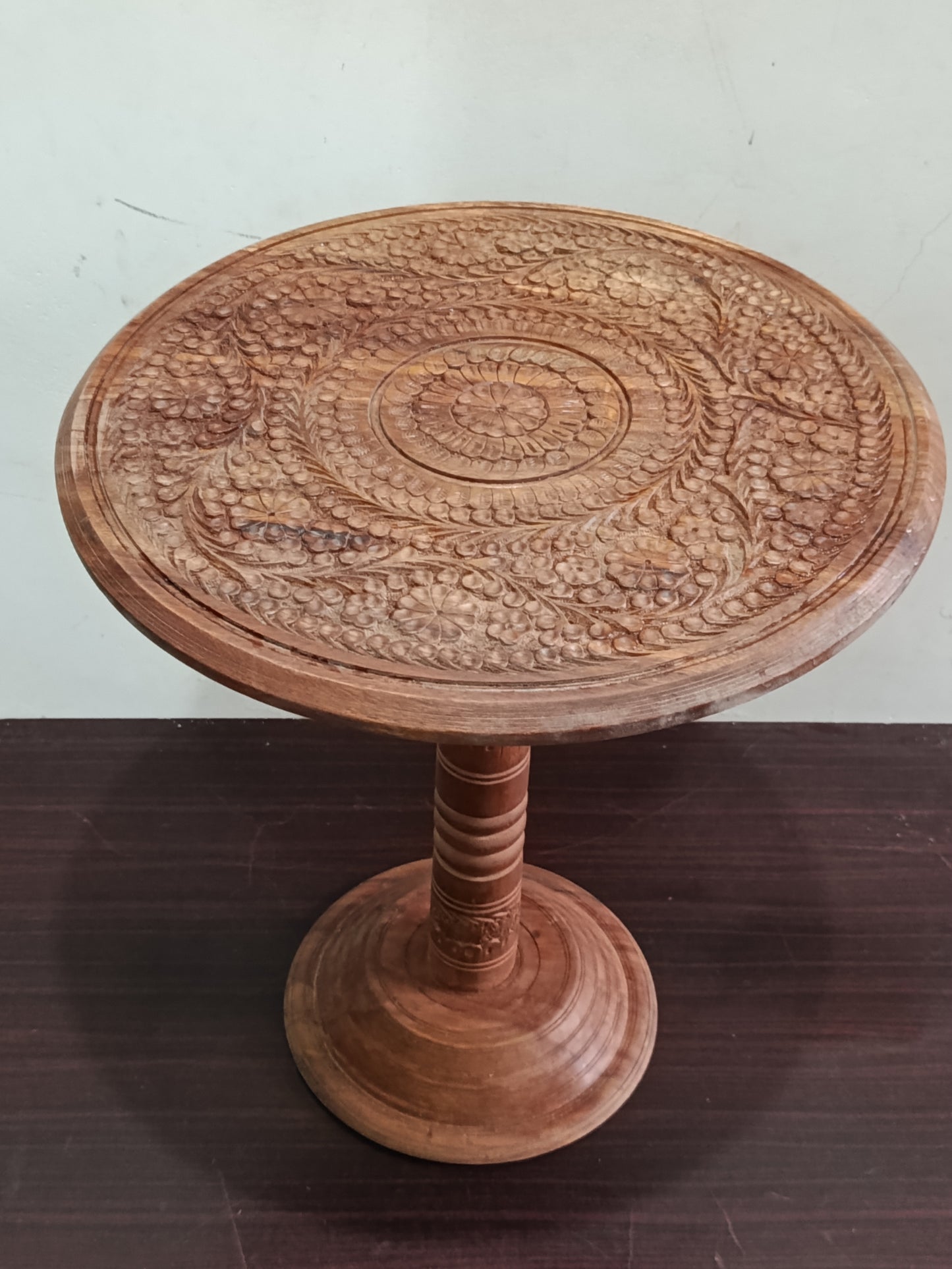 Handcrafted Carved Wooden Side Table – Floral Mandala Design