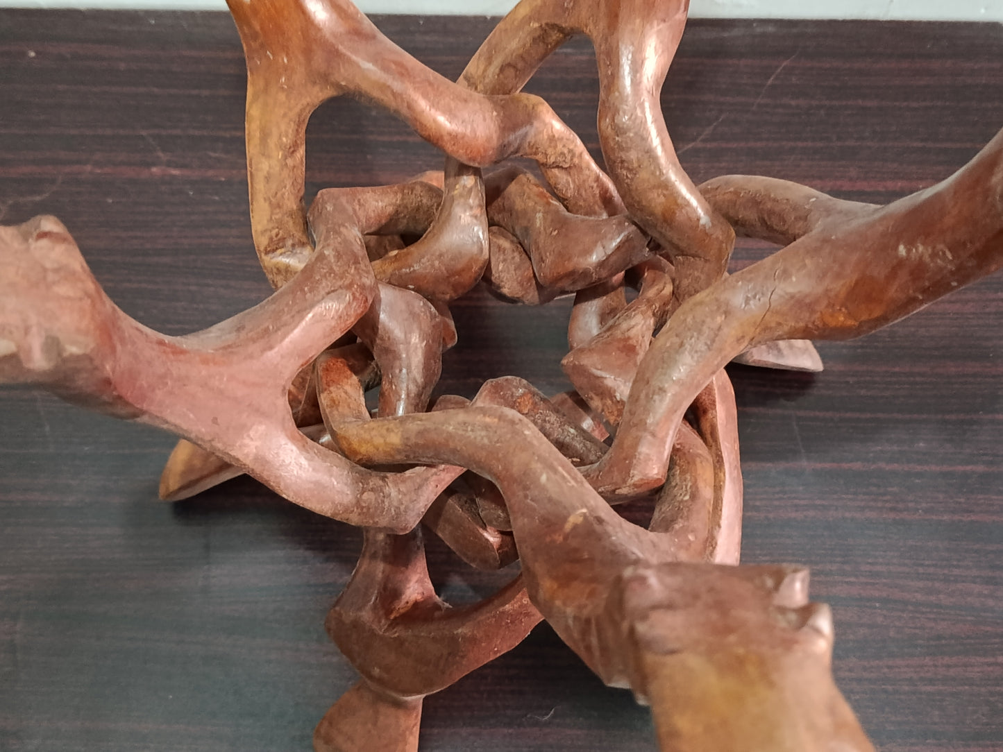 Hand-Carved Wooden Tripod Stand with Intricate Bowl Holder