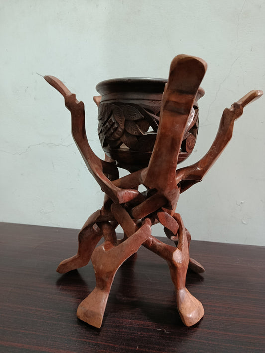 Hand-Carved Wooden Tripod Stand with Intricate Bowl Holder