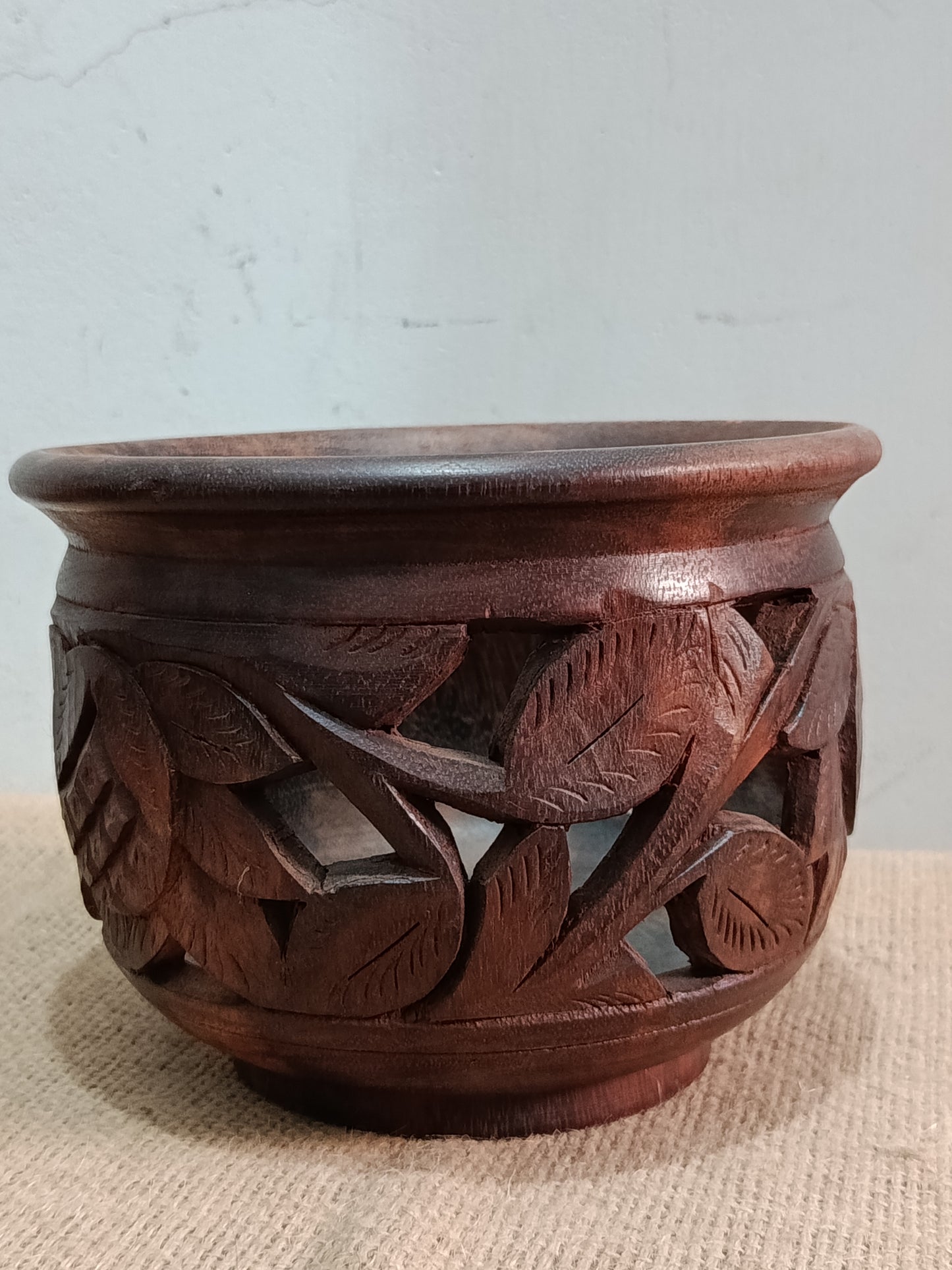 Hand-Carved Wooden Decorative Bowl with Leaf Motif