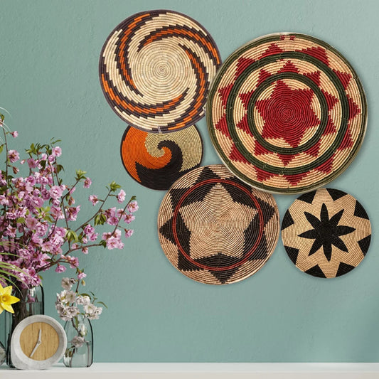 African Baskets Set For Wall Décor Hanging Wicker Wall Decor Baskets, Hand Painted Boho Wall Art, Perfect For Wall Art, Kitchen, Table, Door